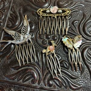 Vintage Hair Combs Set with Bird and Floral Designs